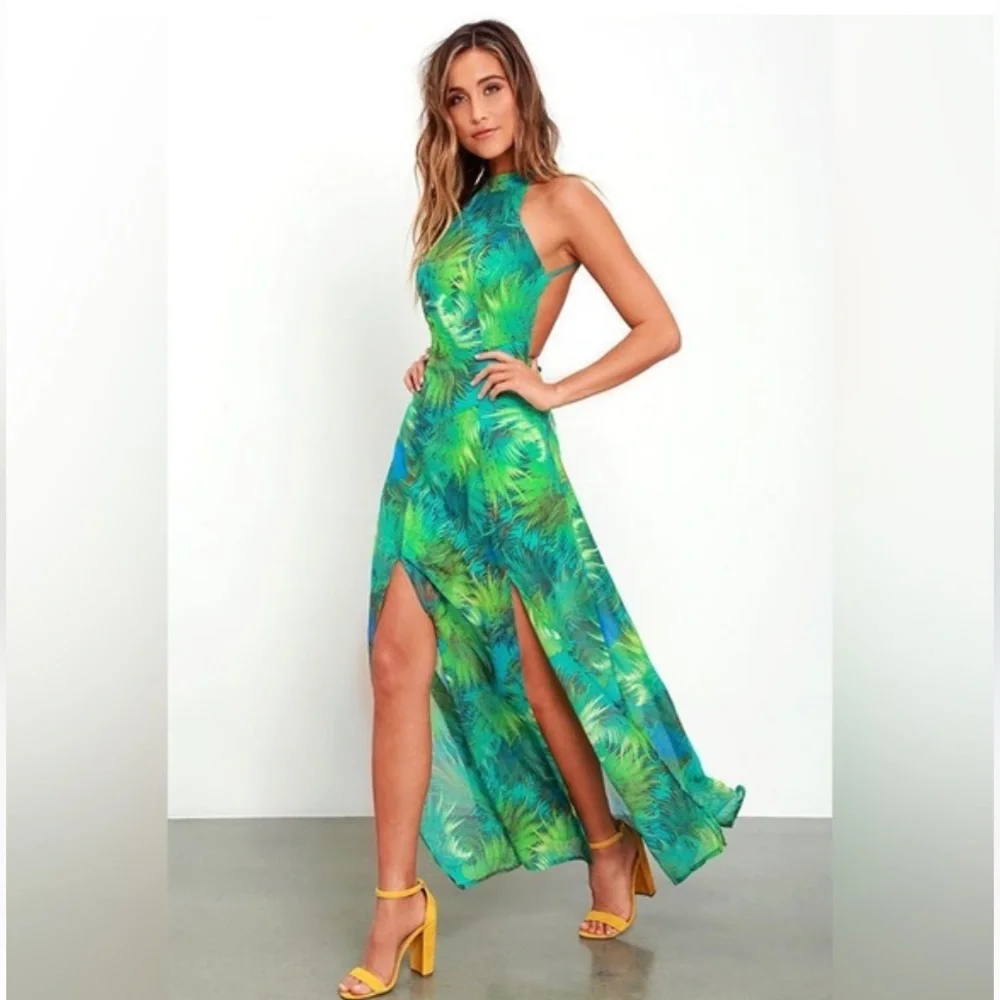 Lulu's Green & Blue Tropical Halter Maxi Dress
